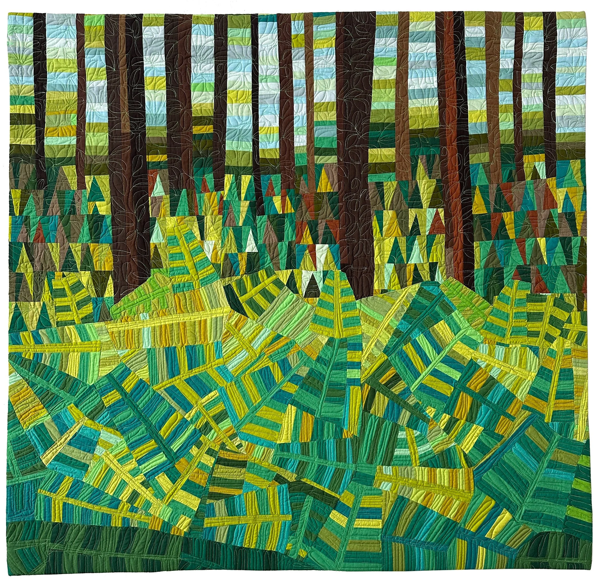 Forest abstracted and made from fabric with ferns in the foreground and trees in the distance. Made from many shades of green, brown and blue fabric.