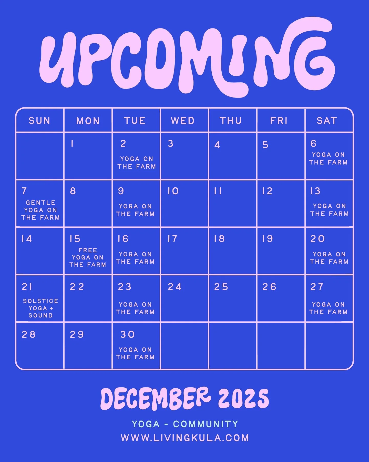 We are getting ready to wrap up the year together! 🌀

Your December calendar is here, packed with opportunities to connect, move, and find stillness as the year closes. We are especially stoked for these two highlights:

🎁 FREE Yoga Class with Aubr
