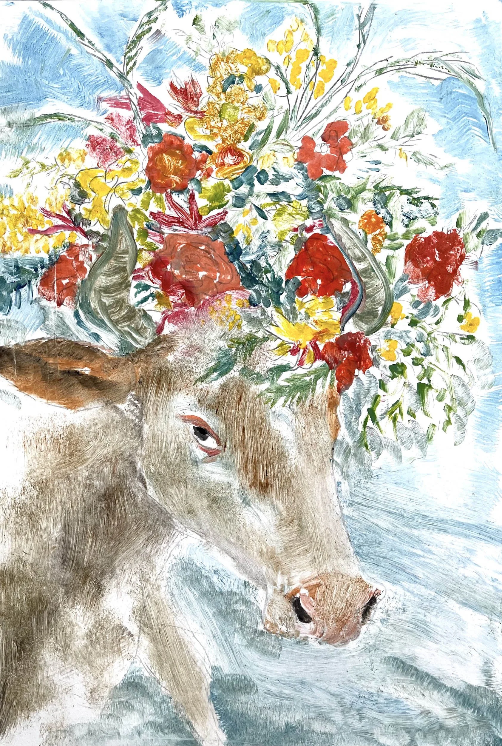Alpine Cow Bedecked with Flowers