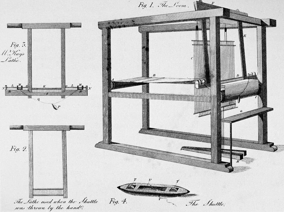 John Kay’s 1733 Patent for the “New Engine or machine for Opening and Dressing Wool”. This patent introduced the “flying shuttle” to the loom. The introduction of the shuttle allowed looms to be operated by a single laborer, and made loom production fast and efficient enough to facilitate its role in the industrial revolution.  https://www.britannica.com/biography/John-Kay