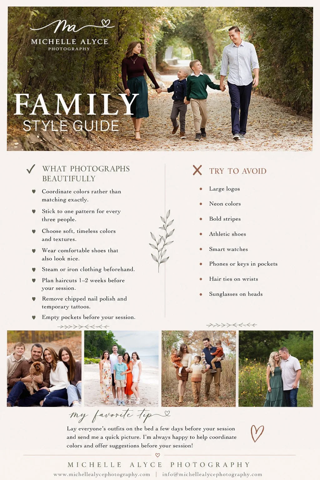 Family Style Guide by Michelle Alyce Photography with outfit ideas, coordinating color tips, clothing recommendations, and examples of beautifully styled family portrait sessions in Wisconsin.