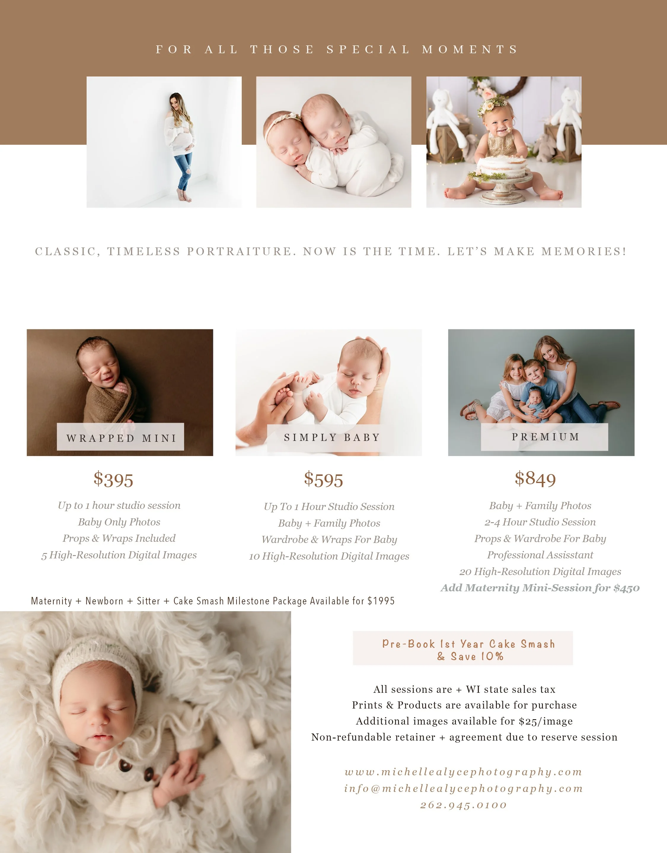 Newborn photography pricing guide by Michelle Alyce Photography in Sussex, Wisconsin, featuring studio newborn, maternity, baby milestone, and cake smash portrait packages.
