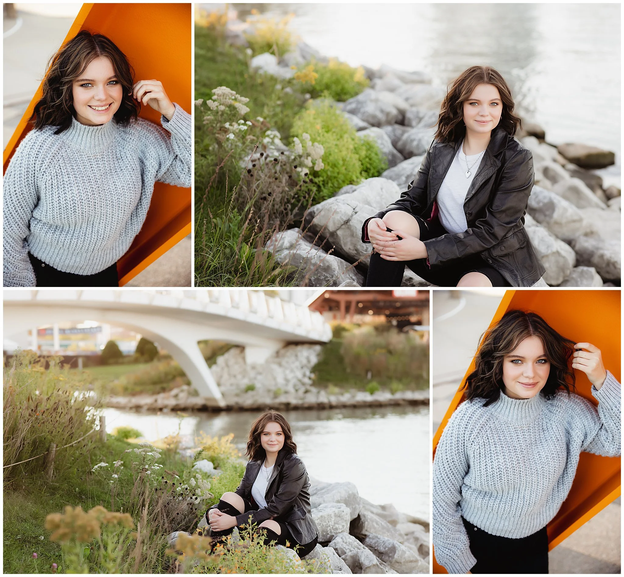 high school senior girl portrait session lakeshore park milwaukee, girl sitting in the rocks near a bridge and leaning on a metal orange statue, michelle alyce photography