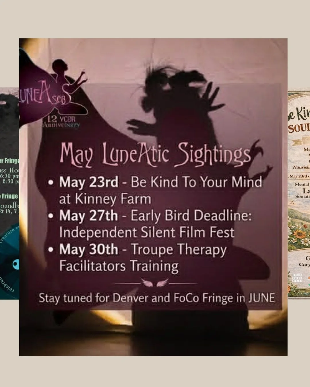 UPCOMING REMAINING WITH LUNEASEAS MAY 2026✨

🎶 May 23 &bull; Be Kind to Your Mind Soul &amp; Blues Fest
⏰ 1PM&ndash;8PM | Fort Collins Area
913 E. Prospect Rd. Fort Collins, CO 80525

🎭 May 30 &bull; Troupe Therapy Facilitators Training
📍 Boettche
