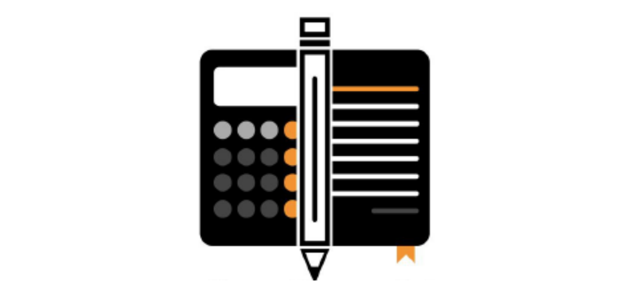A black and white calculator with orange buttons, a ruler, and a pencil in the center.