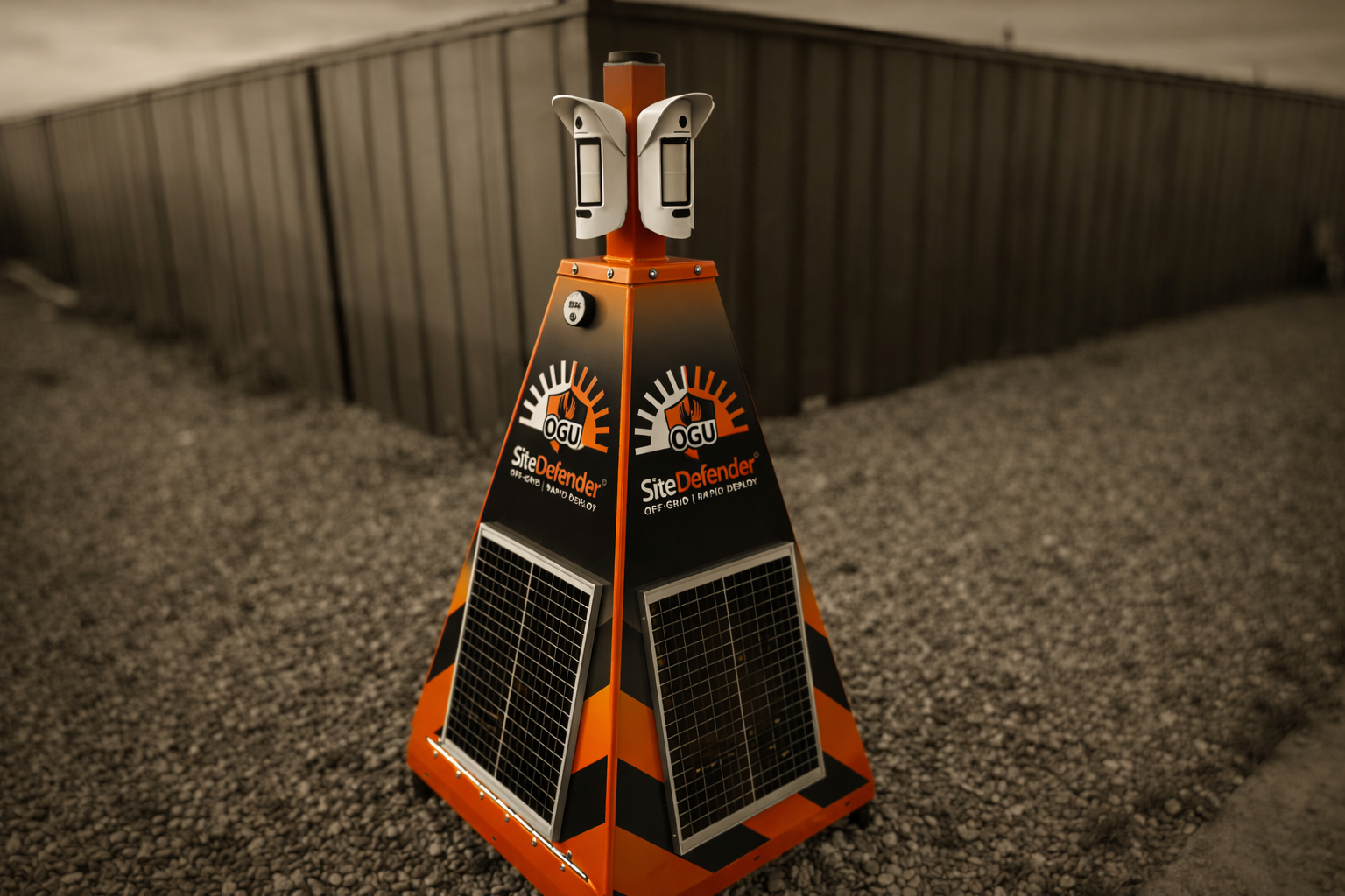 Orange and black CCTV unit with solar panels