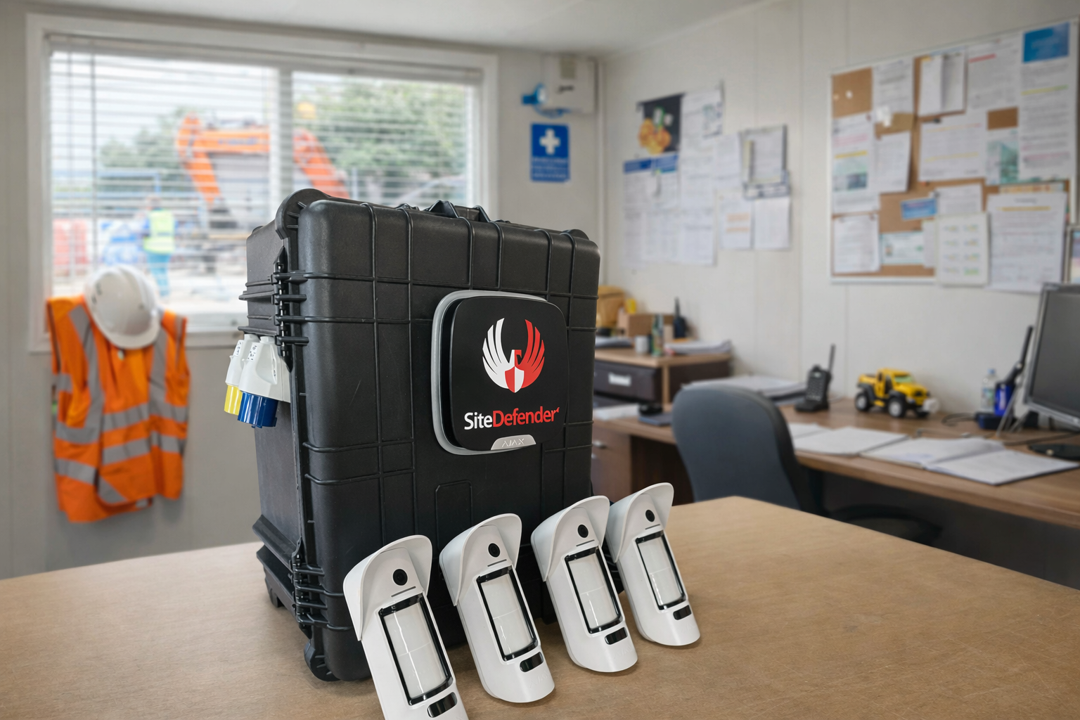 Black SiteDefender security device with four white motion sensors on a wooden desk in an office, with personal protective equipment hanging on the wall and office supplies in the background.