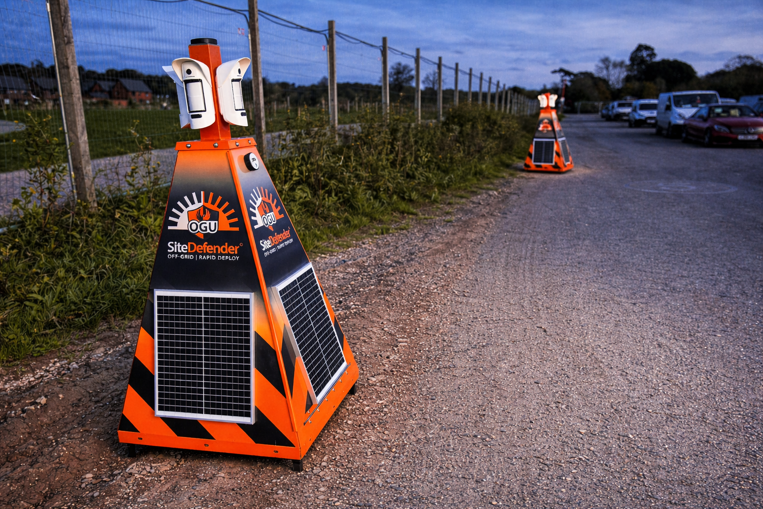 Two solar-powered cctv units on a road