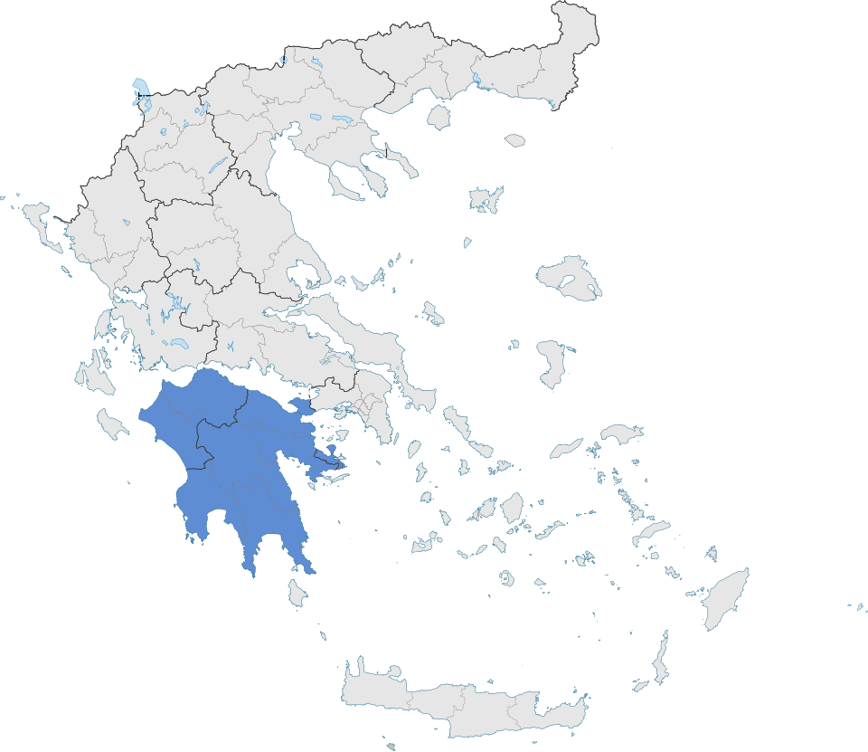 A map of Greece with the region of Peloponnese highlighted in blue