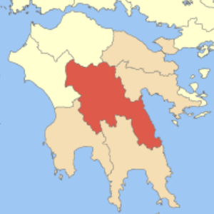 A map of the Peloponnese with the Arcadia region highlighted in red