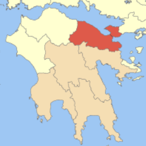 A map of the Peloponnese with the Corinthian region highlighted in red