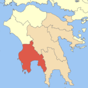 A map of the Peloponnese with the Messinia region highlighted in red
