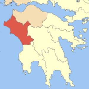 A map of the Peloponnese with the Elias region highlighted in red