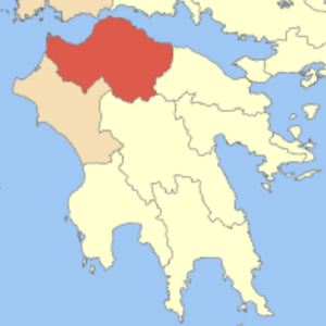 A map of the Peloponnese with the Achaea region highlighted in red