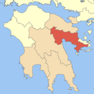 A map of the Peloponnese with the Argolis region highlighted in red