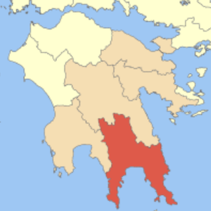 A map of the Peloponnese with the Laconia region highlighted in red