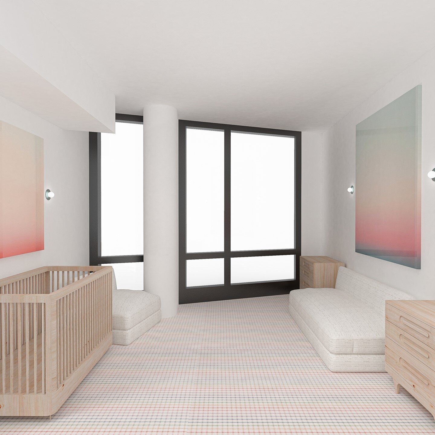 Love the way this @starkcarpet and art work set the tone for the design with neutral textural furniture pieces ✨⁠
⁠
Concept renders for our Tribeca Nursery now live on the blog, link in bio!