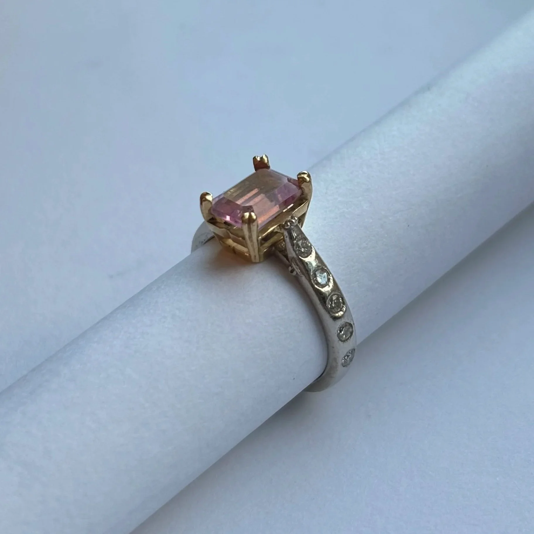  Tourmaline set in 14K yellow gold head, diamonds set in platinum shank 