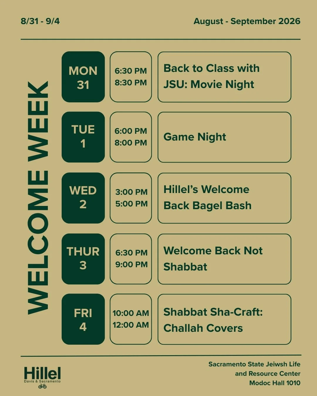 ✨ WELCOME WEEK AT SAC STATE ✨
New semester, new friends, and SO many ways to get involved
Join us all week long at Sac State!
🎬 Monday &mdash; Back to Class with JSU: Movie Night
Kick off the week with &ldquo;Dirty Dancing&rdquo; and good vibes!
🎲 