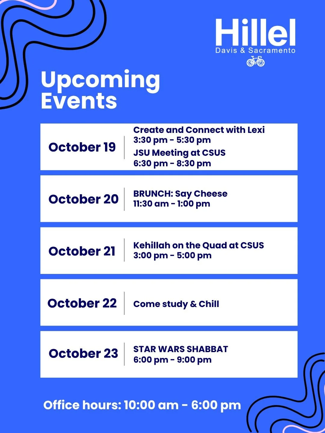 Another week, another exciting lineup of fun at Hillel!! From creative crafts and cheesy brunch to studying with friends and a Star Wars Shabbat, there&rsquo;s something for everyone!!! 🪐🤗 Come hang out, bring a friend, and we&rsquo;ll see you this