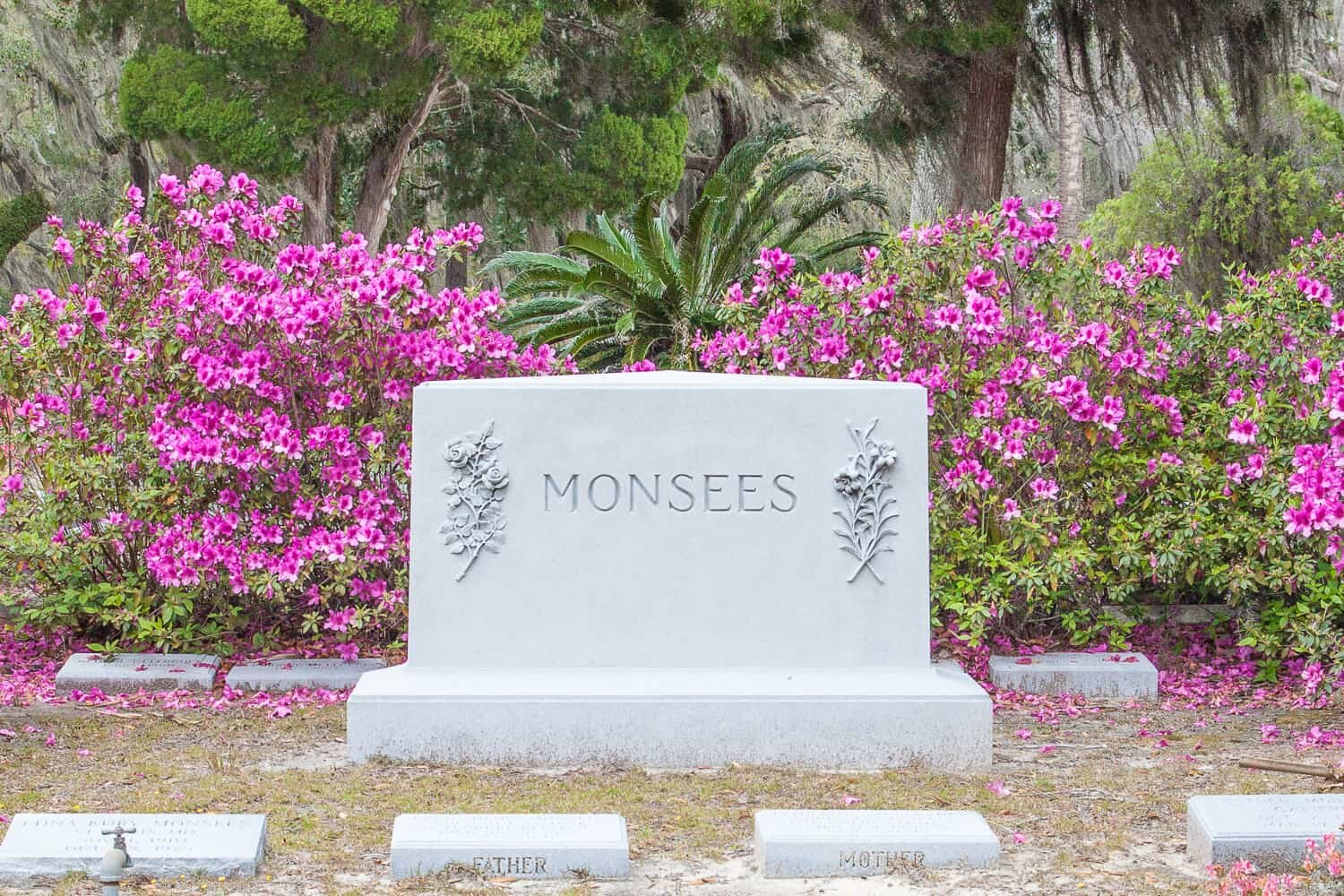 Monsees modern tombstone with azaleas Bonaventure