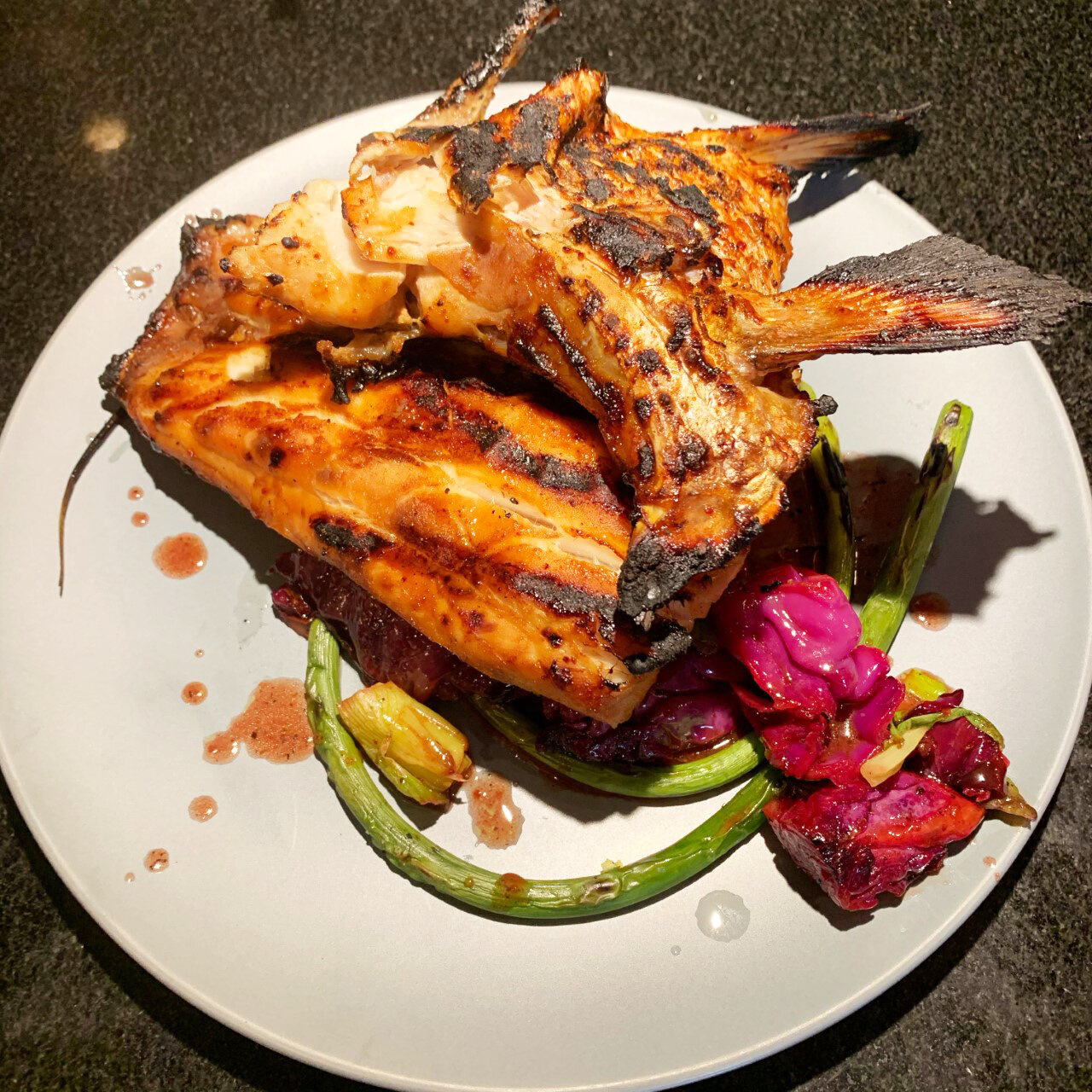 Wulf's Kitchen Grilled Striped Bass Fillets and Collars with Cabbage