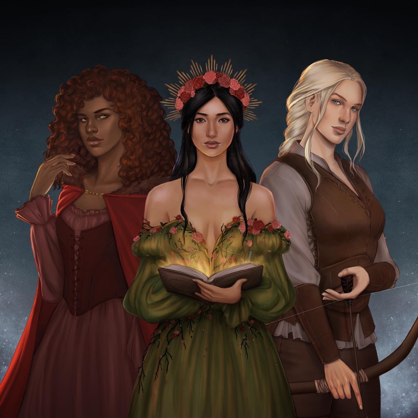 Had the absolute pleasure of drawing these LOVELY ladies&mdash;Talia, Sorrell, and Calla&mdash;for @rosaredss from her apipit pitch! (also yay for fairytale retellings!) &hearts;️
It was so fun being able to paint out these characters and can&rsquo;t