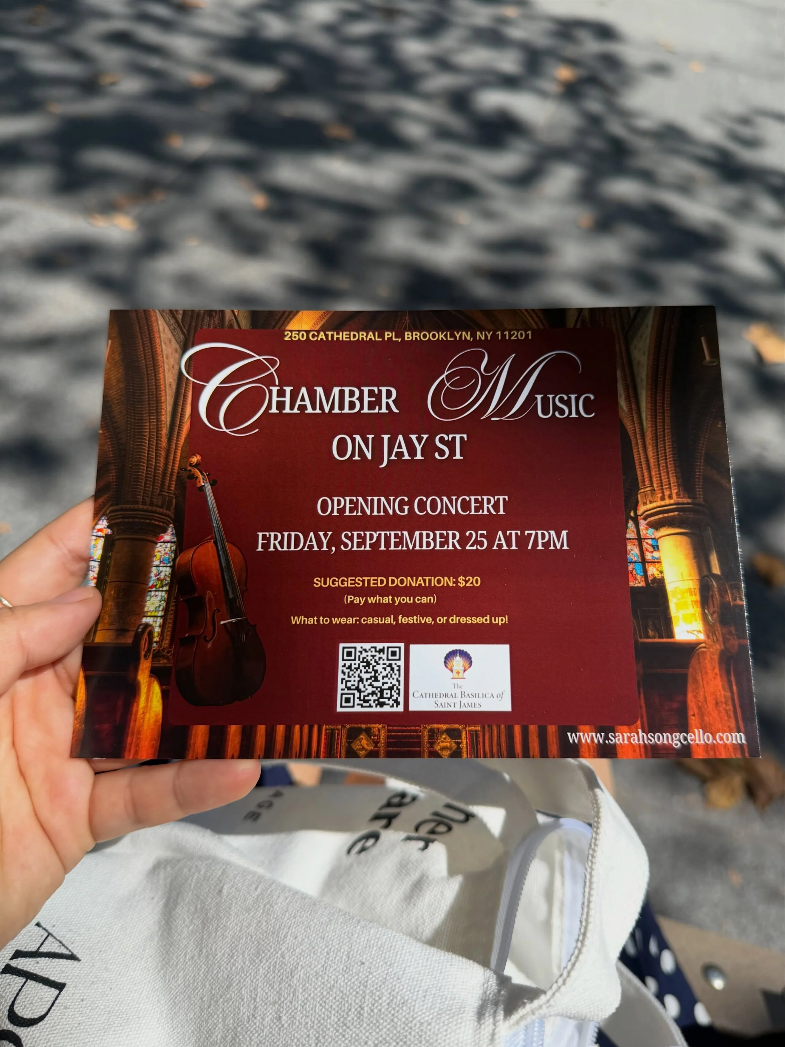 PSA 📢💗I am VERY excited to invite you to the opening concert of Chamber Music on Jay St next Friday 9/25. 

Join us for one hour of string quartet music in Downtown Brooklyn&rsquo;s beautiful St James Cathedral. Program includes Haydn Sunrise and R