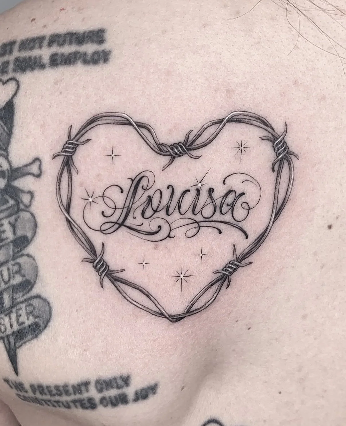 Single Needle Barbed Wire Heart and Script