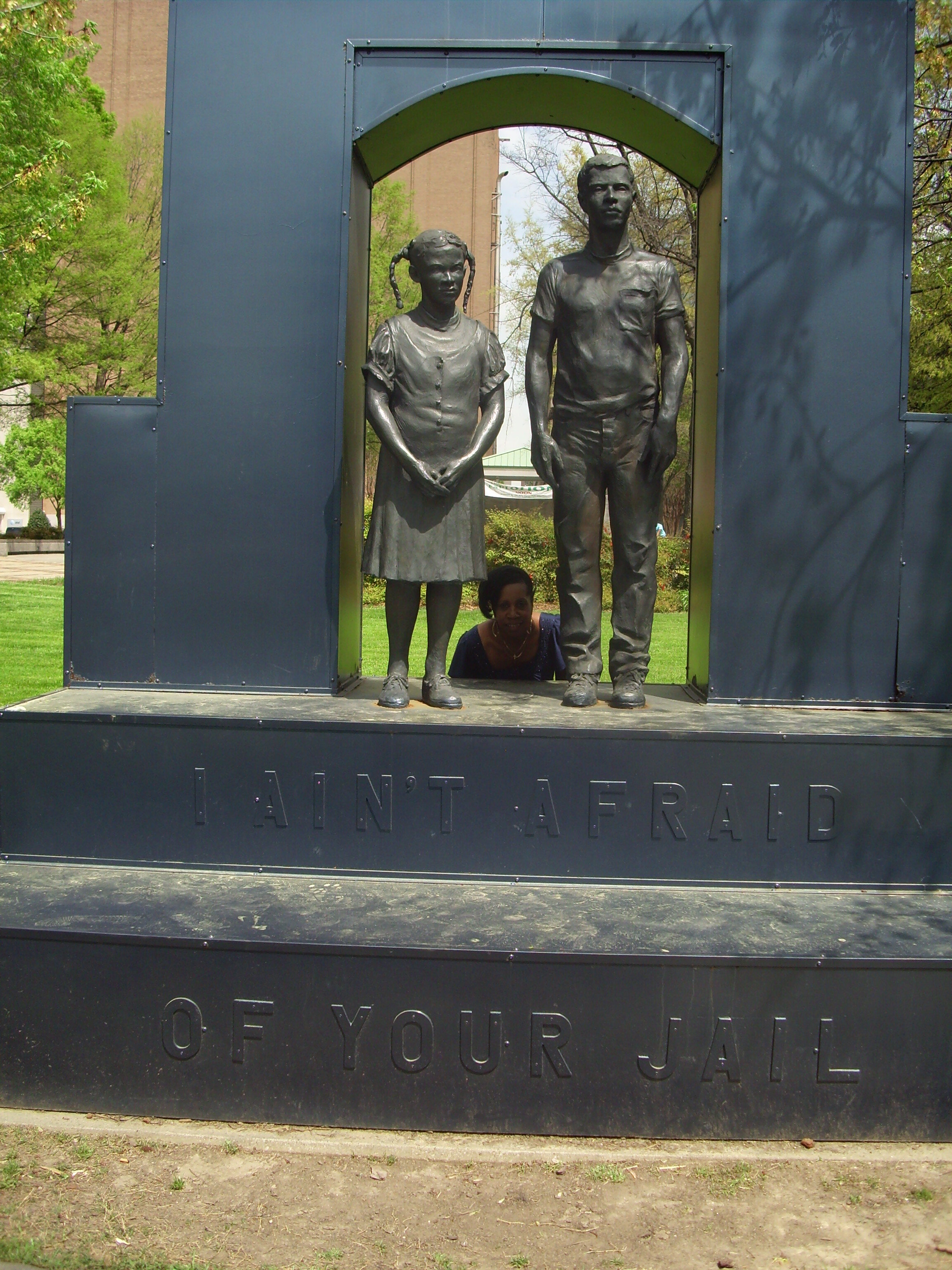 Exhibit 50  The # of students demonstrating was so large, juvenile hall and city jail could not hold them all -I AIN'T AFRAID OF YOUR JAIL. Grenetta in middle of student monument in Kelly Ingram Park..JPG