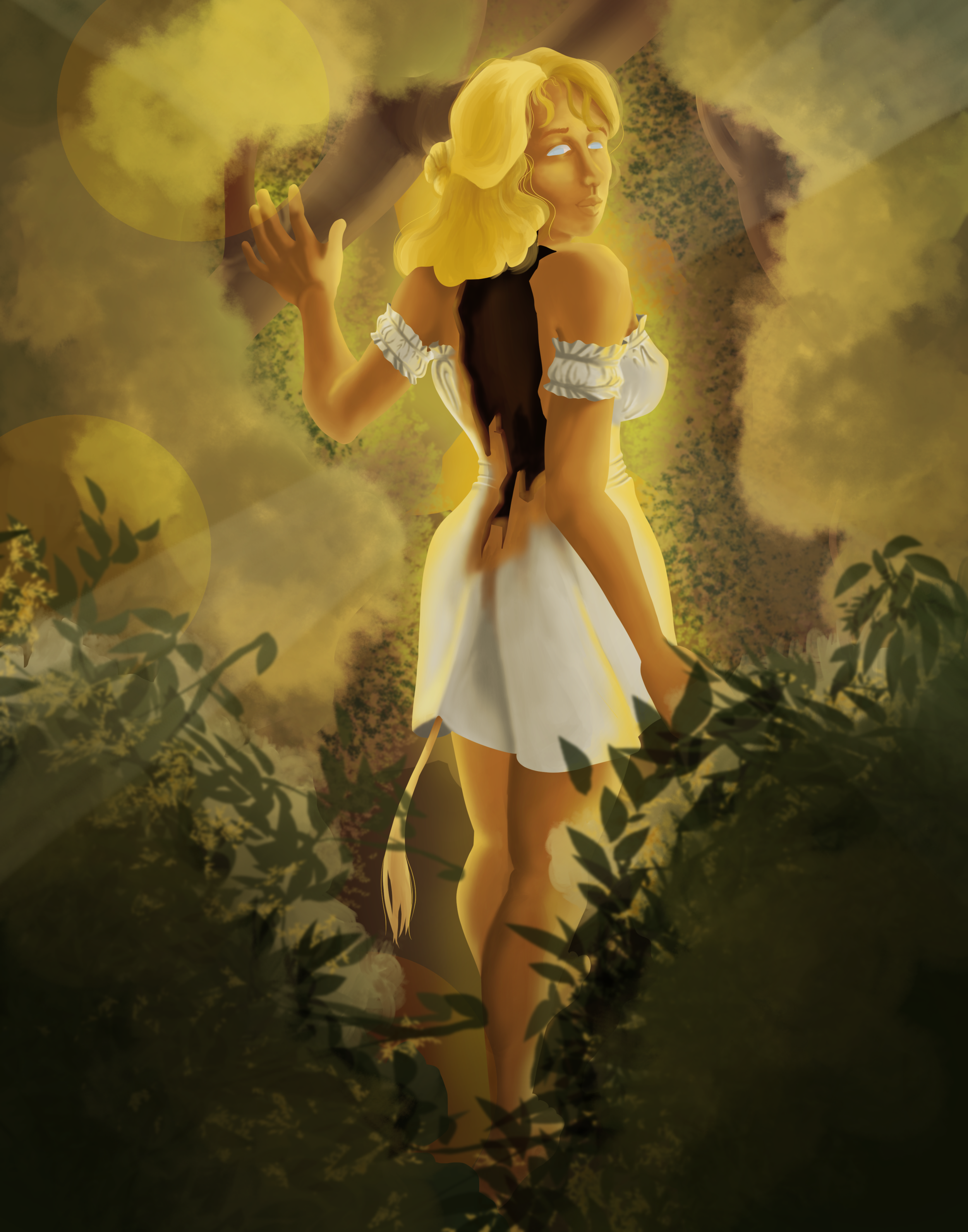 A creature from Scandinavian mythology called a Huldra, appears as a blonde young lady with a back hollow like a tree trunk.