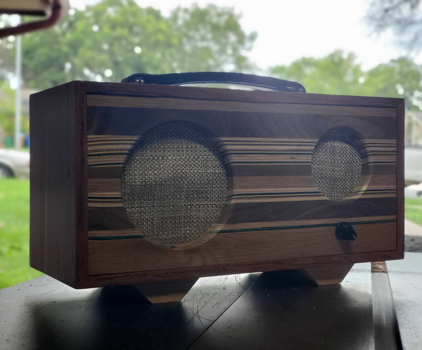 Vintage look, with a modern twist. Laminated skateboard decks in the face, this speaker is very unique. #tinkeraudio #custom #bluetooth #speaker #handmade #wood #unique #oneofakind #upcycle #reclaimedwood #recycledart #woodworking #skateboardart #ska