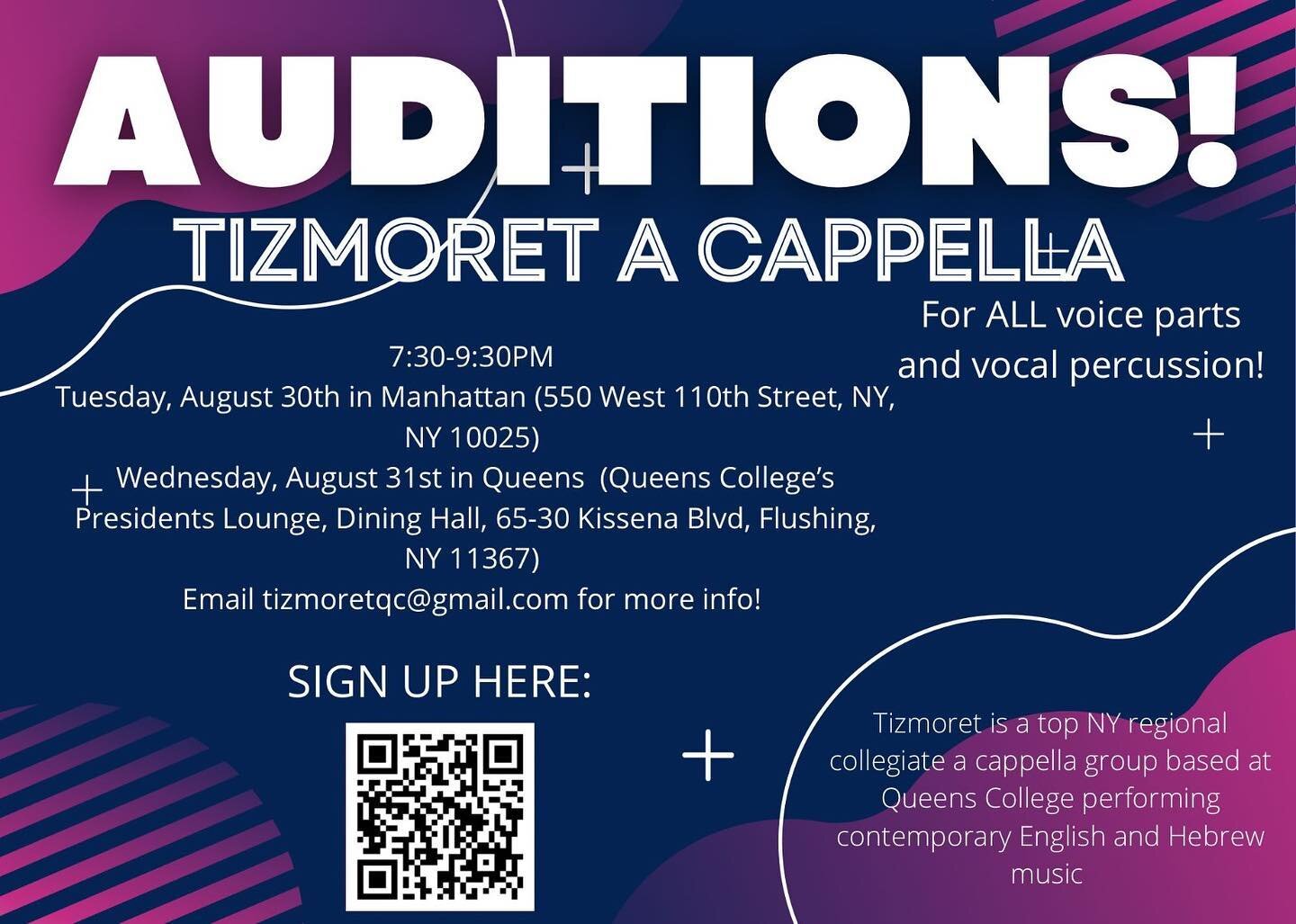 🚨CALLING ALL SINGERS AND BEATBOXERS🚨 We are holding auditions today and tomorrow!! If you or anyone you know is interested in being in Tizmoret, it&rsquo;s not too late to sign up!! Sign up by clicking the link in our bio! We hope to see you all th