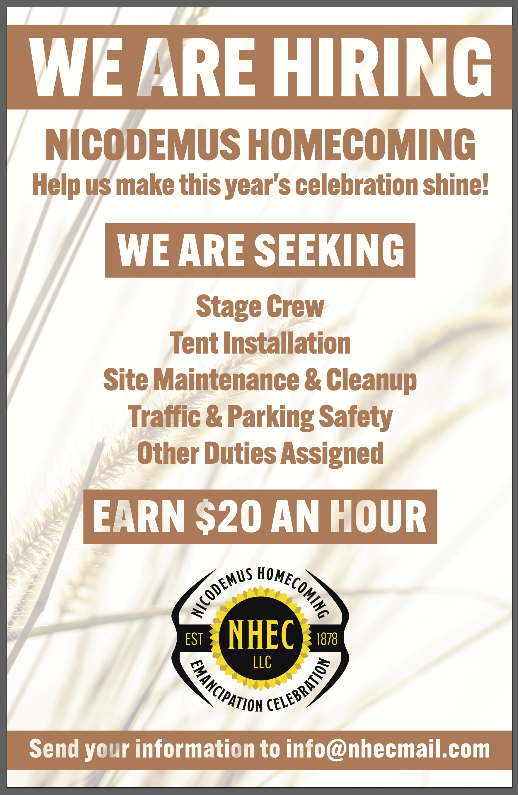We are hiring poster. Stage crew, tent installers, site maintenance, traffic/parking safety, and more!