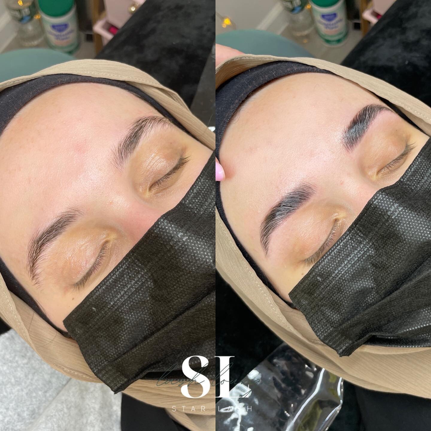 Eyebrow Lamination with tinting: Before and after. Fuller + more symmetrical brows that last 5-7 weeks. Link in bio for bookings ⭐️