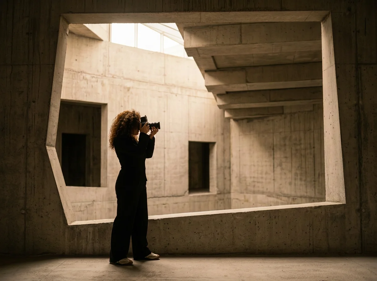Photographer holding a medium format camera between raw concrete architectural forms