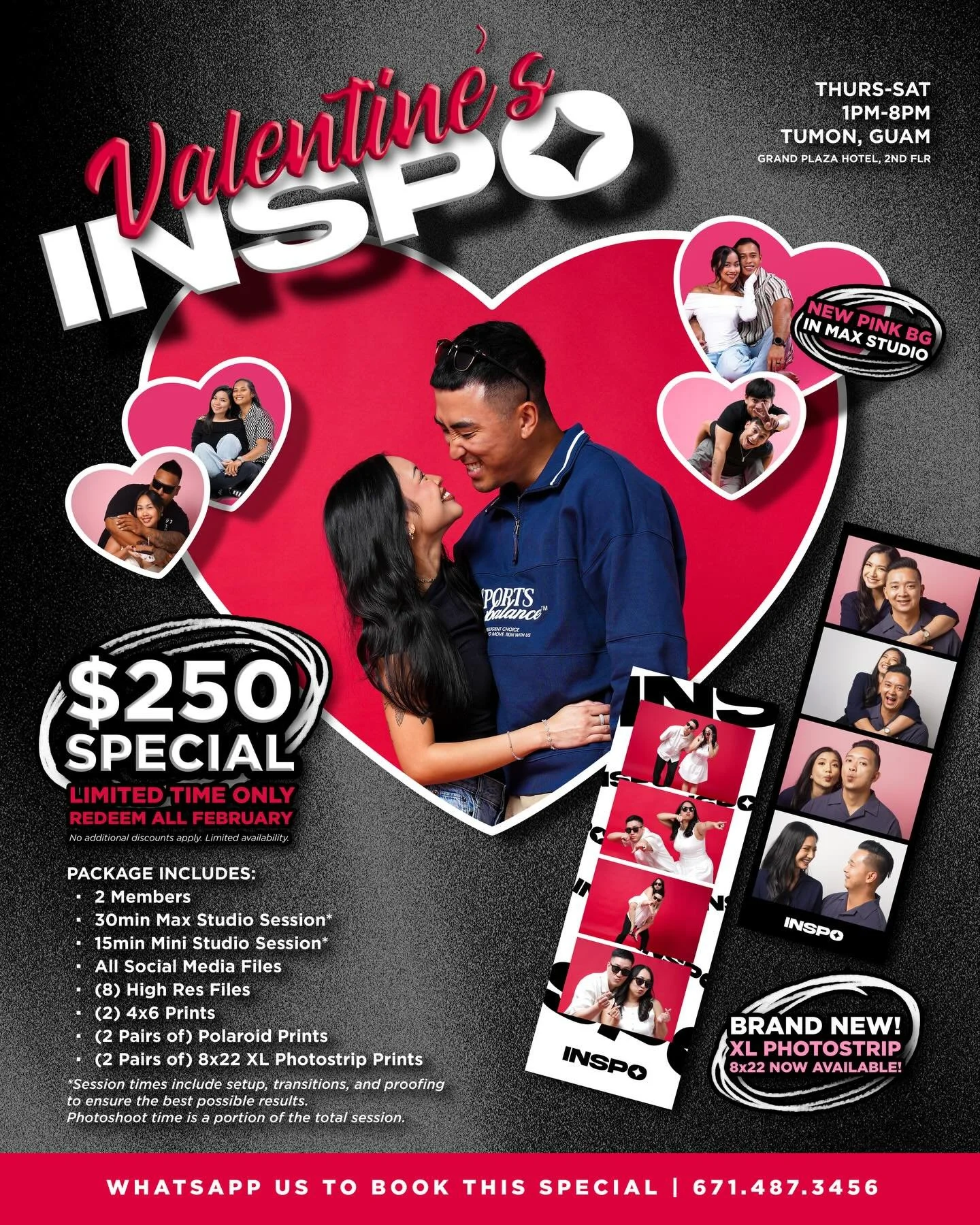Valentine&rsquo;s INSPO is here 💘

We went all out this year.

✨ Introducing our NEW Pink background in the Max Studio
📸 A brand-new 15min Mini Studio session
🖤 XL 8x22 photostrips now available
📞 New Project: Inspire phone number (yes, save it)
