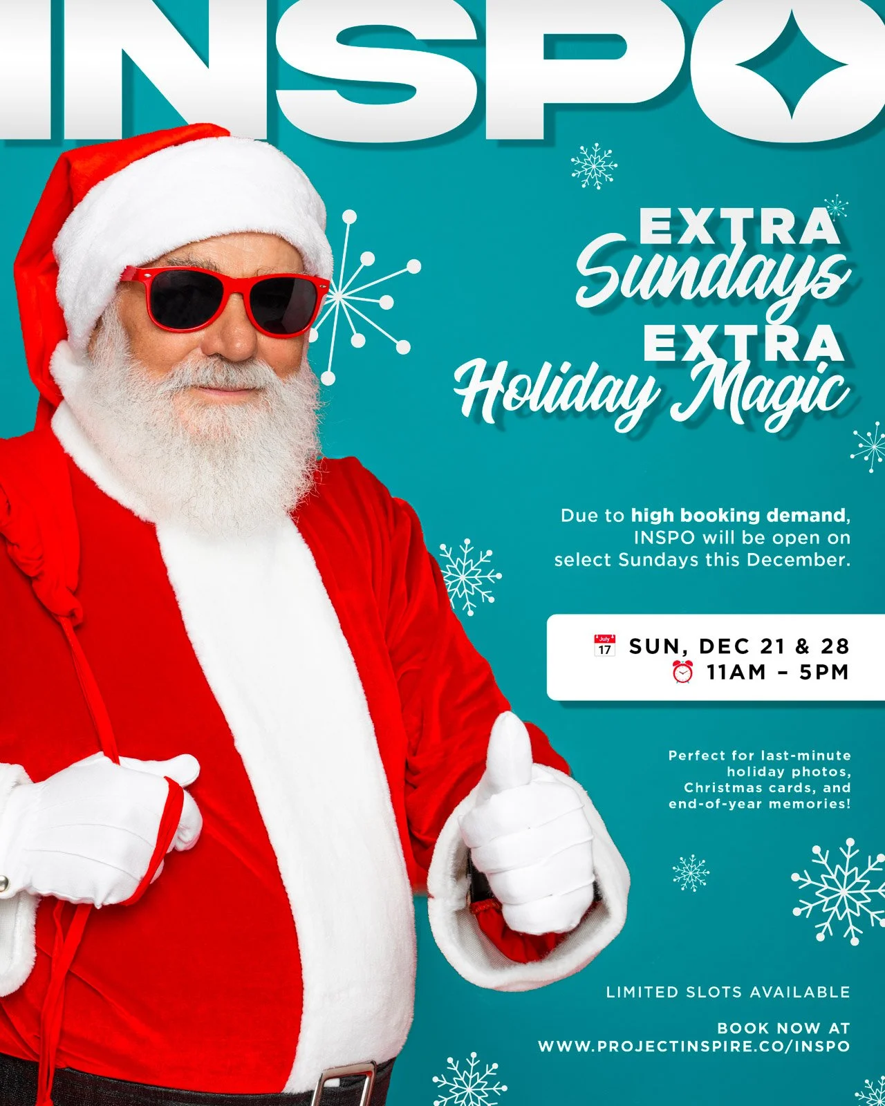 🎅✨ Extra Sundays. Extra holiday magic.

Due to high booking demand, INSPO will be open on select Sundays this December for last-minute holiday photos, Christmas cards, and end-of-year memories.

🗓 Sun, Dec 21 &amp; 28
⏰ 11AM&ndash;5PM

Limited slot