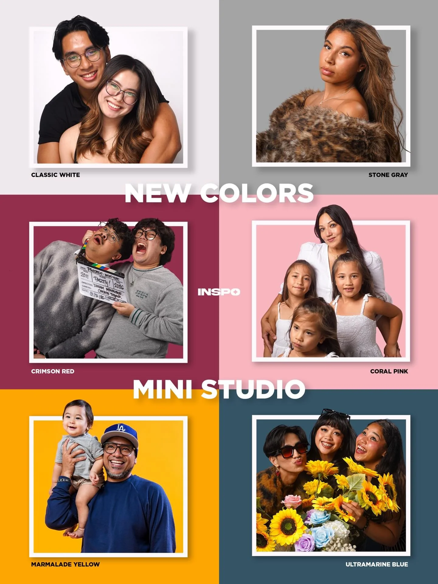 Color lovers &mdash; this one&rsquo;s for you 💛💙💗

Our Mini Studio is now stocked with new seasonal colors, perfect for clean portraits, headshots, and playful moments.

From Coral Pink to Ultramarine Blue, all Mini Studio sessions include access 