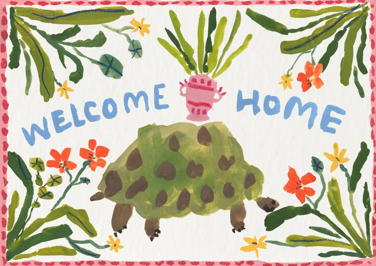 A very niche card for Squirtle, our tortoise, who woke up from her hibernation last week. Swipe to see the gal choosing to avoid her veg after a 6 week nap🐢

I changed the caption as a new home card is probably more sellable?&hellip;. 

#illustratio