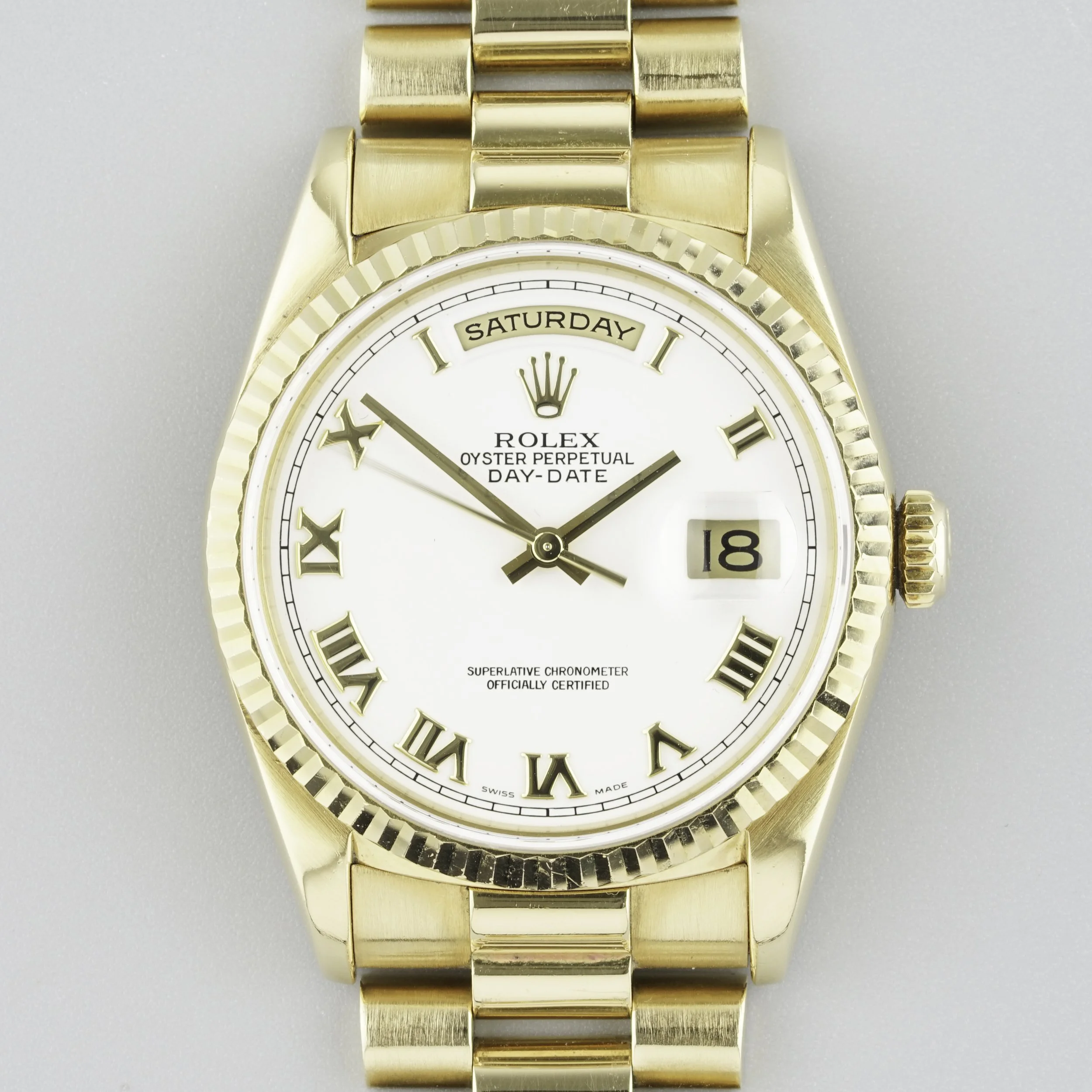 ROLEX OYSTER PERPETUAL DAY-DATE 18CT GOLD ROMAN DIAL W/ BOX & SWING TAG REF. 18238 CIRCA 1996