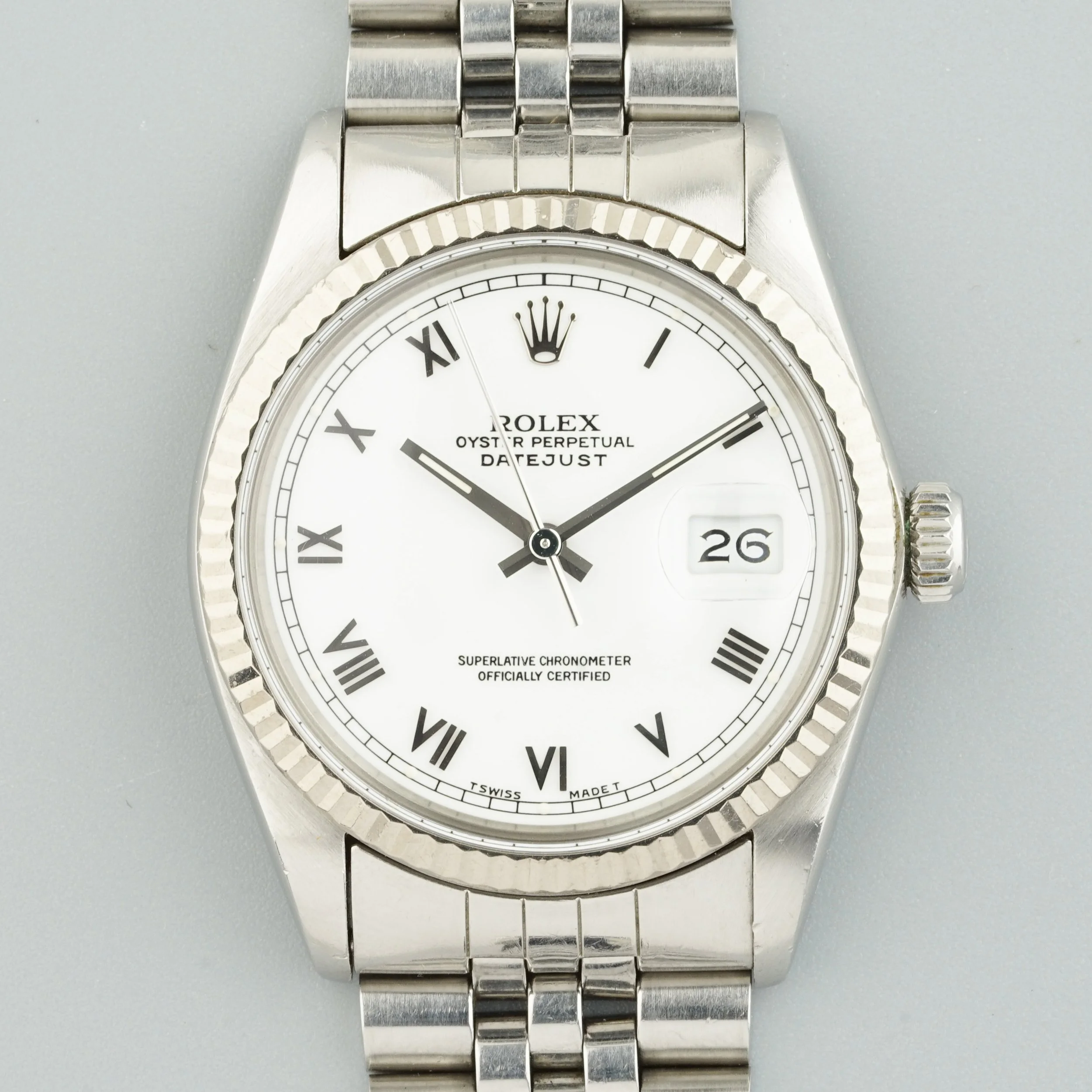 ROLEX OYSTER PERPETUAL DATEJUST STEEL & WHITE GOLD W/ GUARANTEE PAPERS REF. 16014 CIRCA 1987