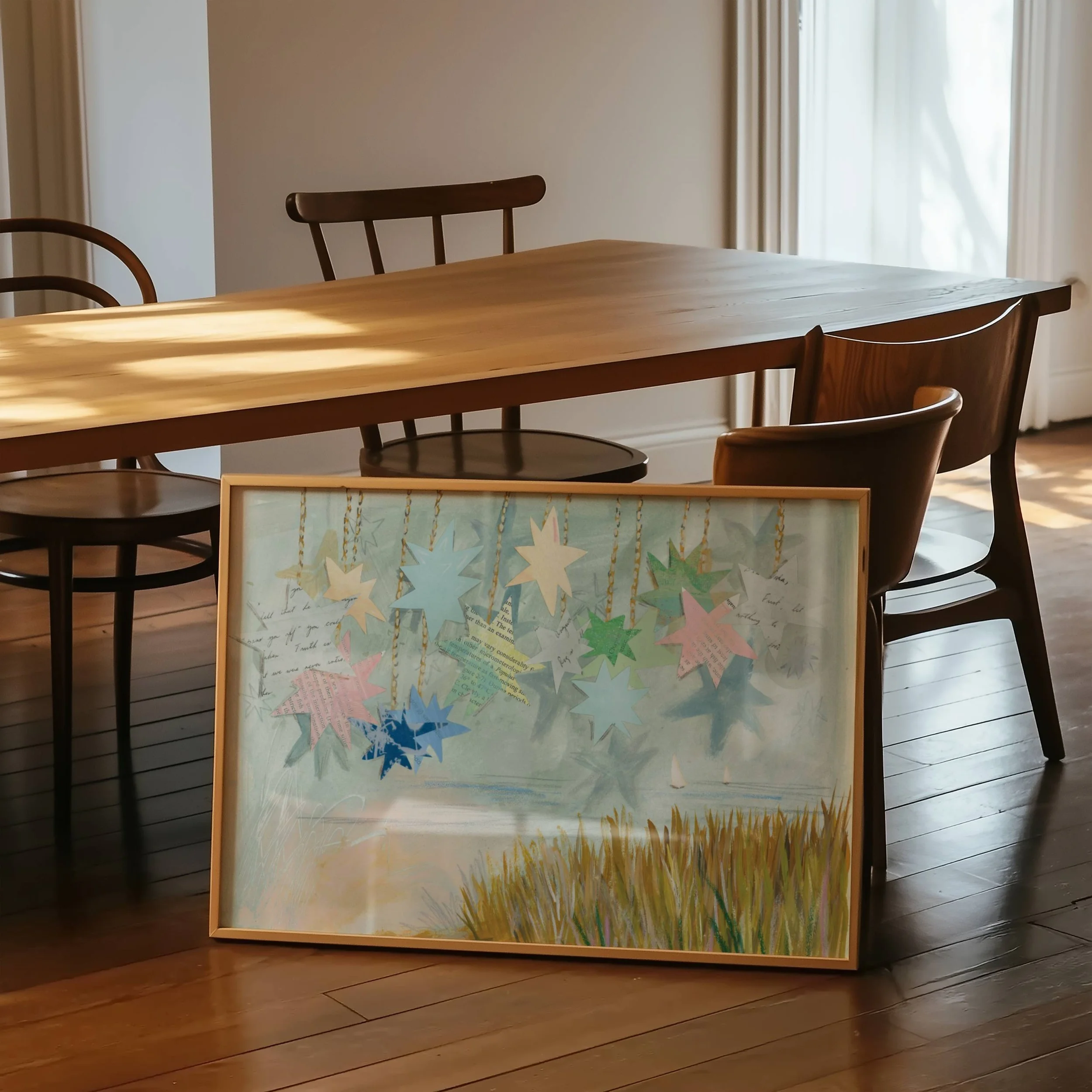 Pink Coastal Grandma Artwork, muted coastal wall art blues, whimsical romance, coastal maine wall art, southern coastal granddaughter art