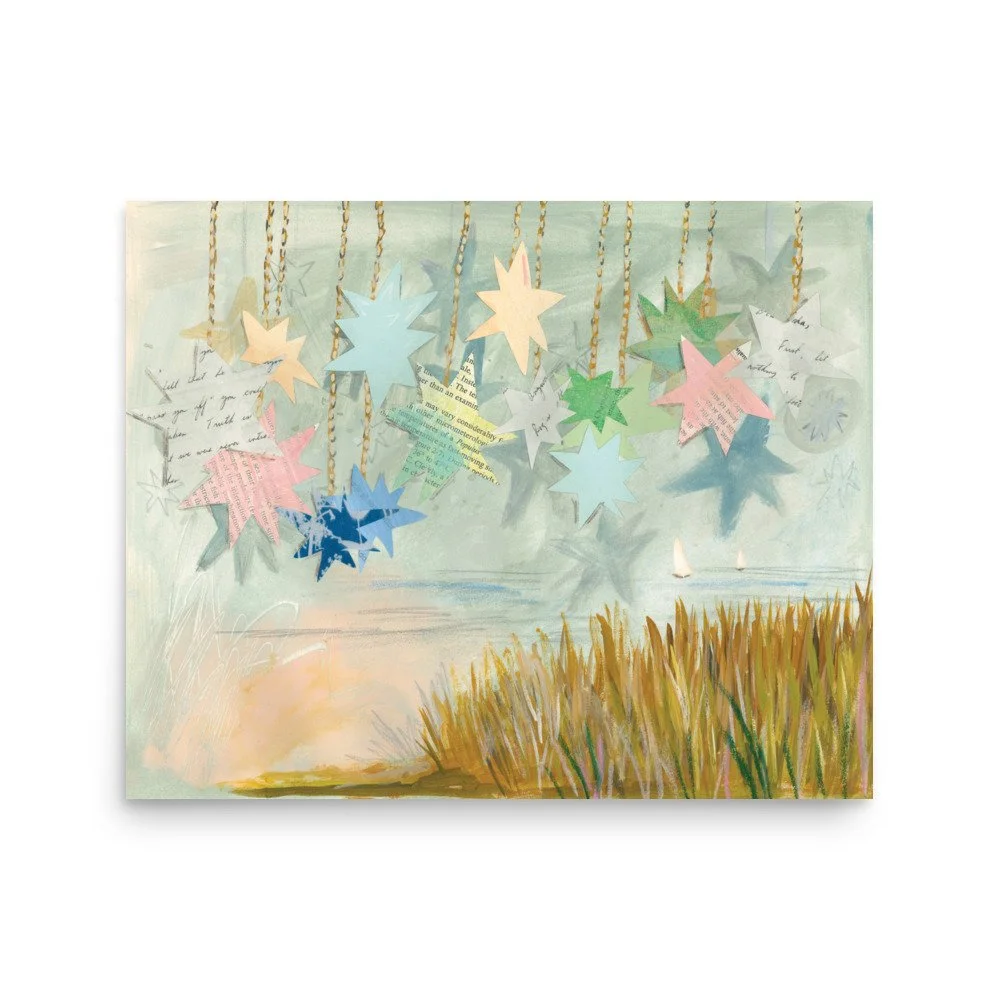 Pink Coastal Grandma Artwork, muted coastal wall art blues, whimsical romance, coastal maine wall art, southern coastal granddaughter art