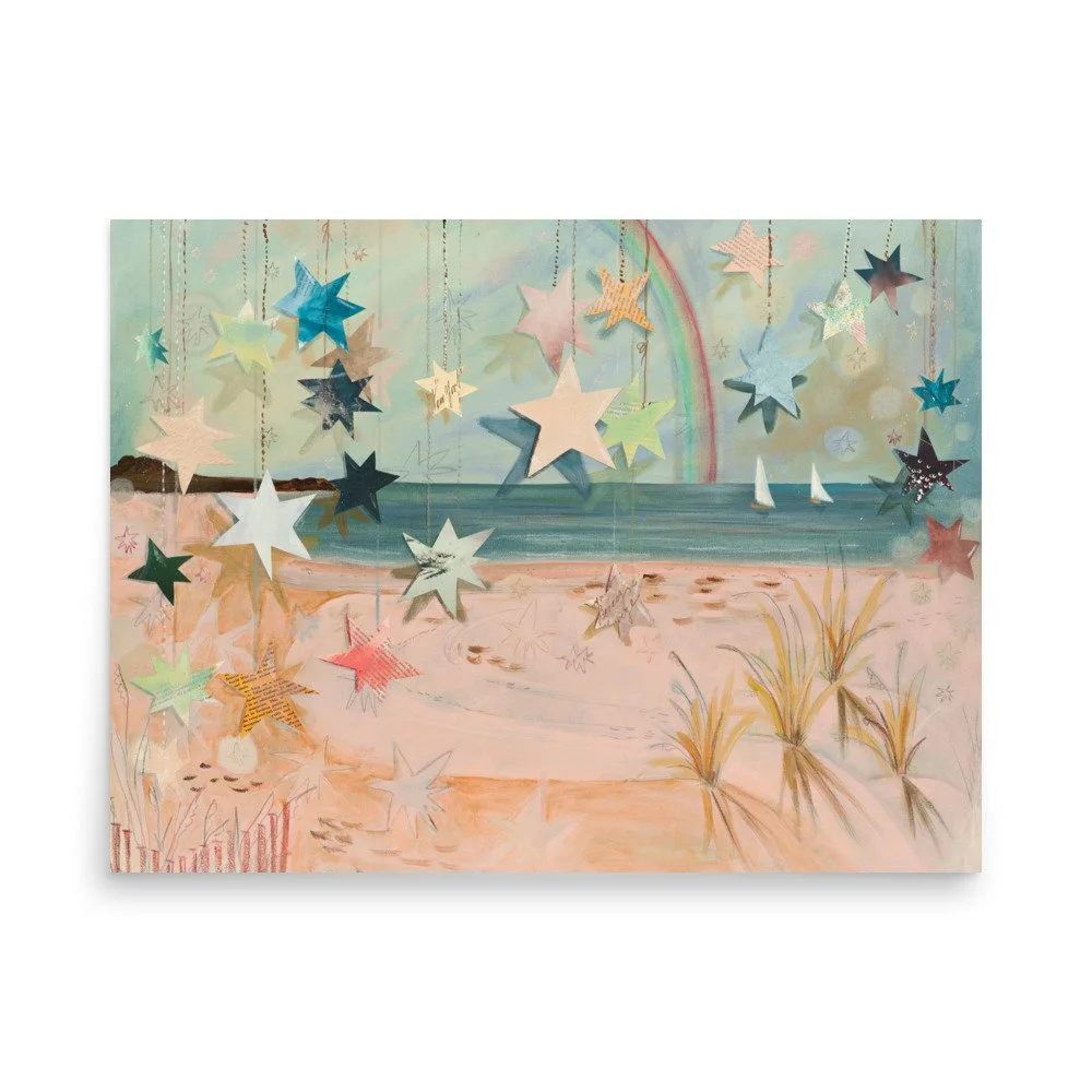 Pink Coastal Grandma Artwork, muted coastal wall art blues, whimsical romance, coastal maine wall art, southern coastal granddaughter art