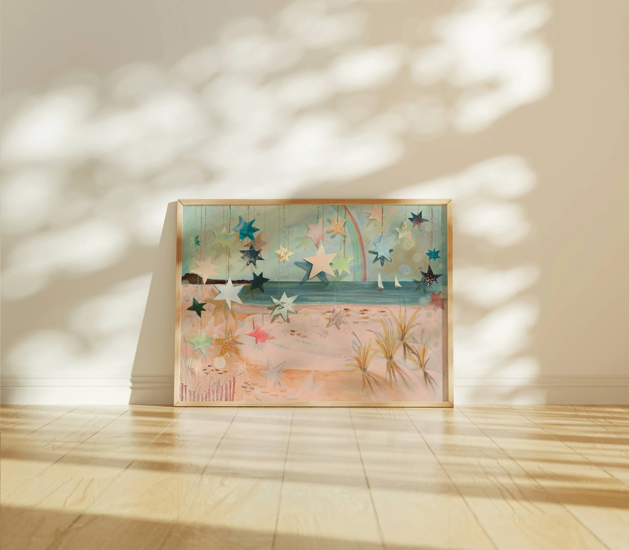 Pink Coastal Grandma Artwork, muted coastal wall art blues, whimsical romance, coastal maine wall art, southern coastal granddaughter art