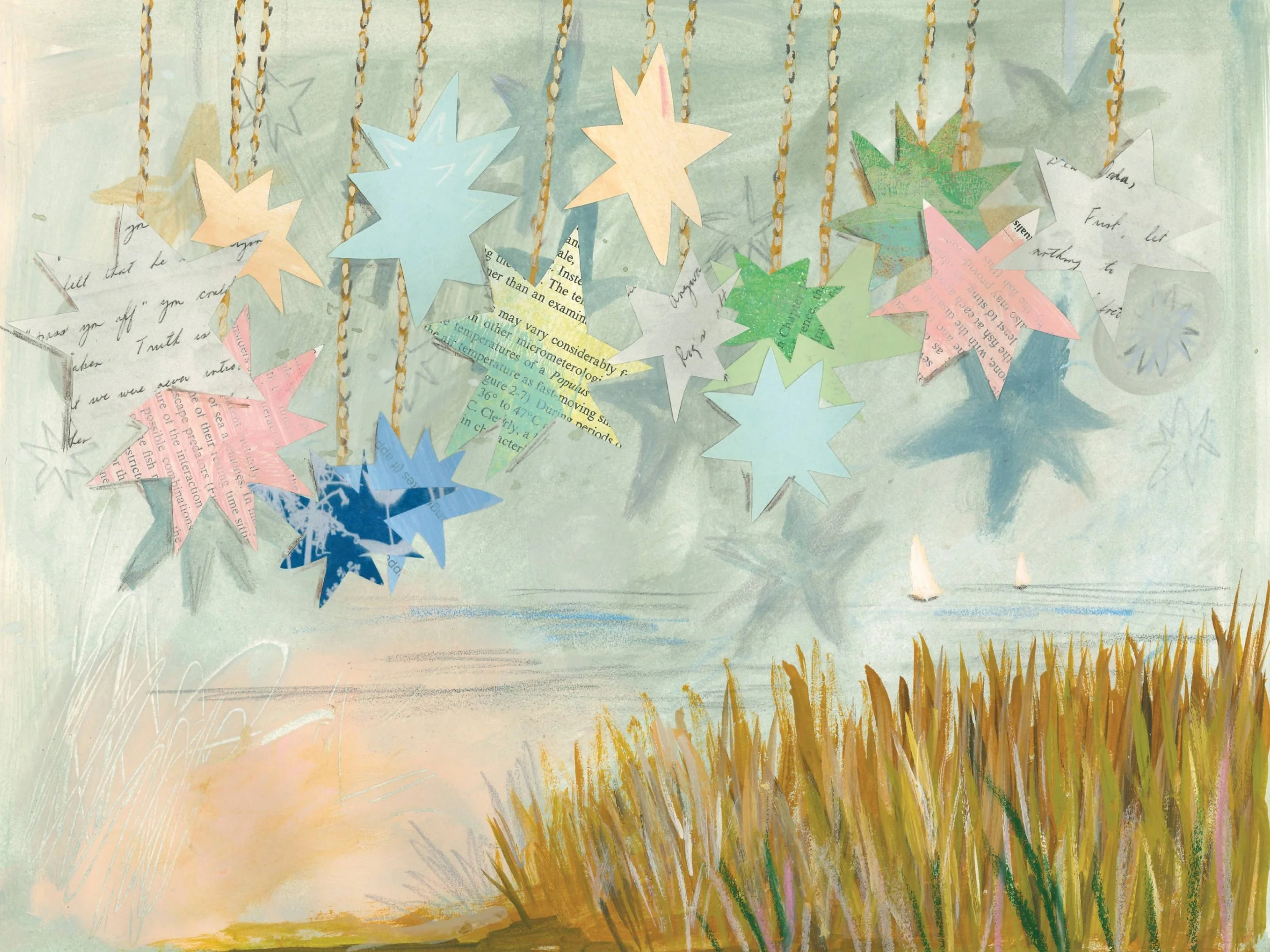 Pink Coastal Grandma Artwork, muted coastal wall art blues, whimsical romance, coastal maine wall art, southern coastal granddaughter art