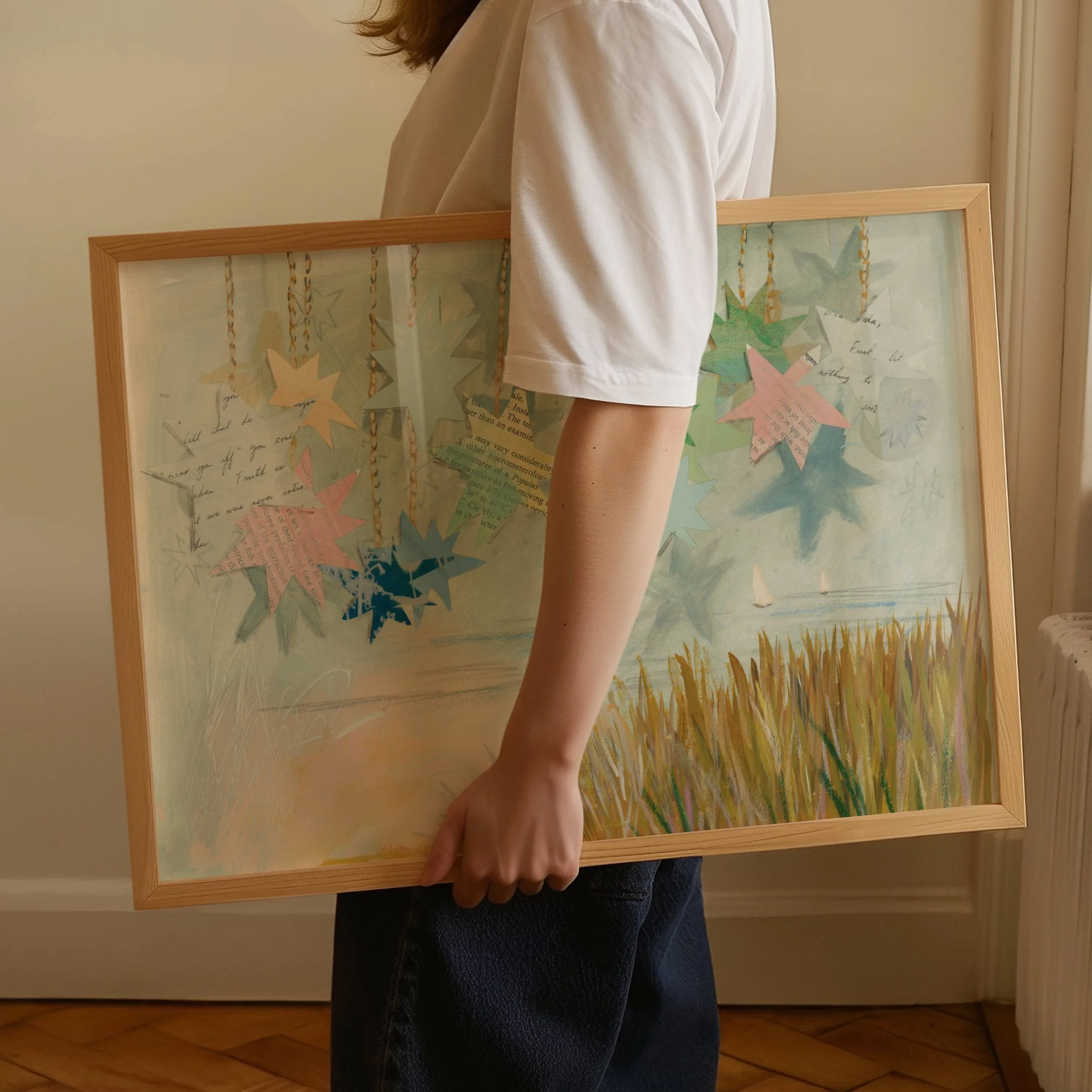 Pink Coastal Grandma Artwork, muted coastal wall art blues, whimsical romance, coastal maine wall art, southern coastal granddaughter art