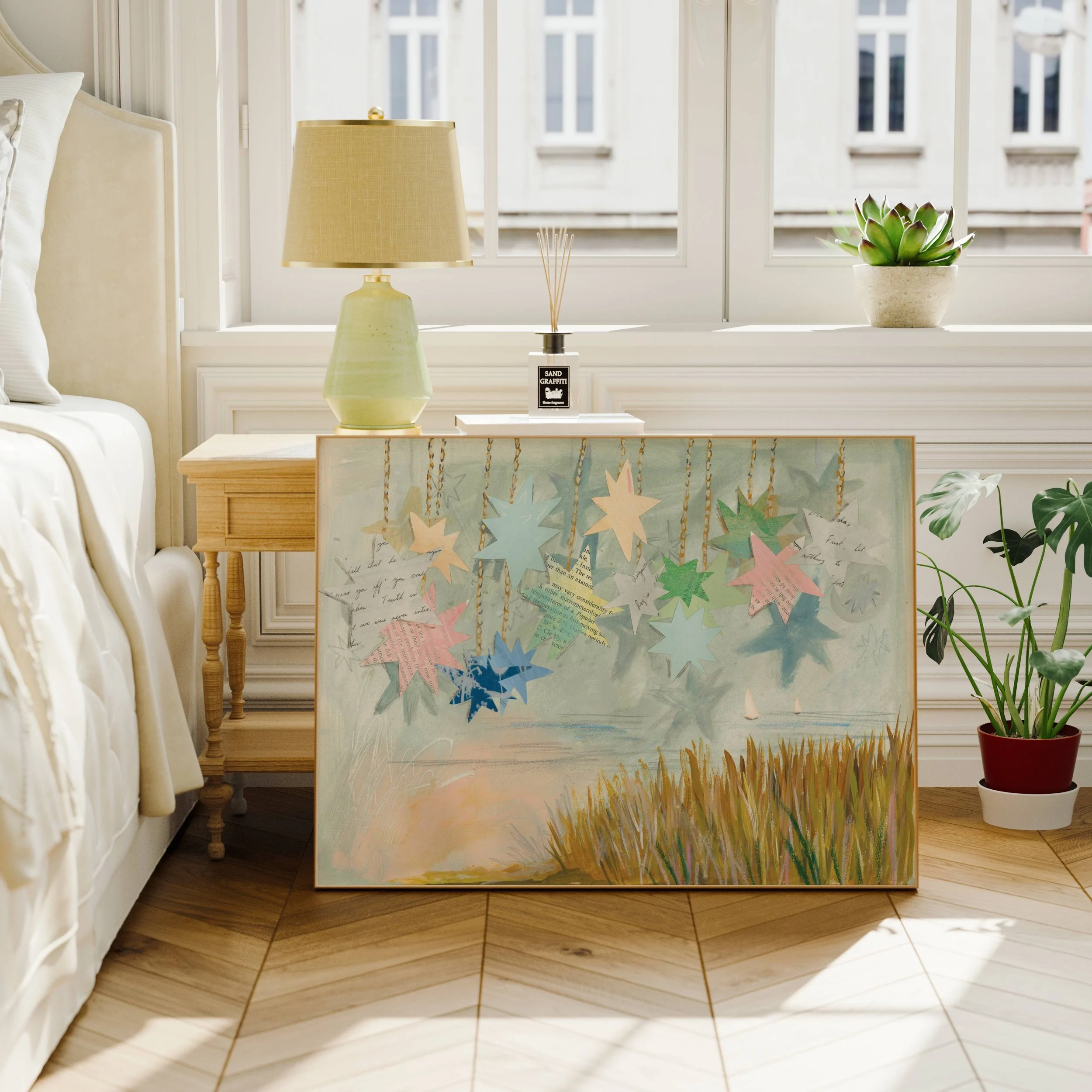 Pink Coastal Grandma Artwork, muted coastal wall art blues, whimsical romance, coastal maine wall art, southern coastal granddaughter art