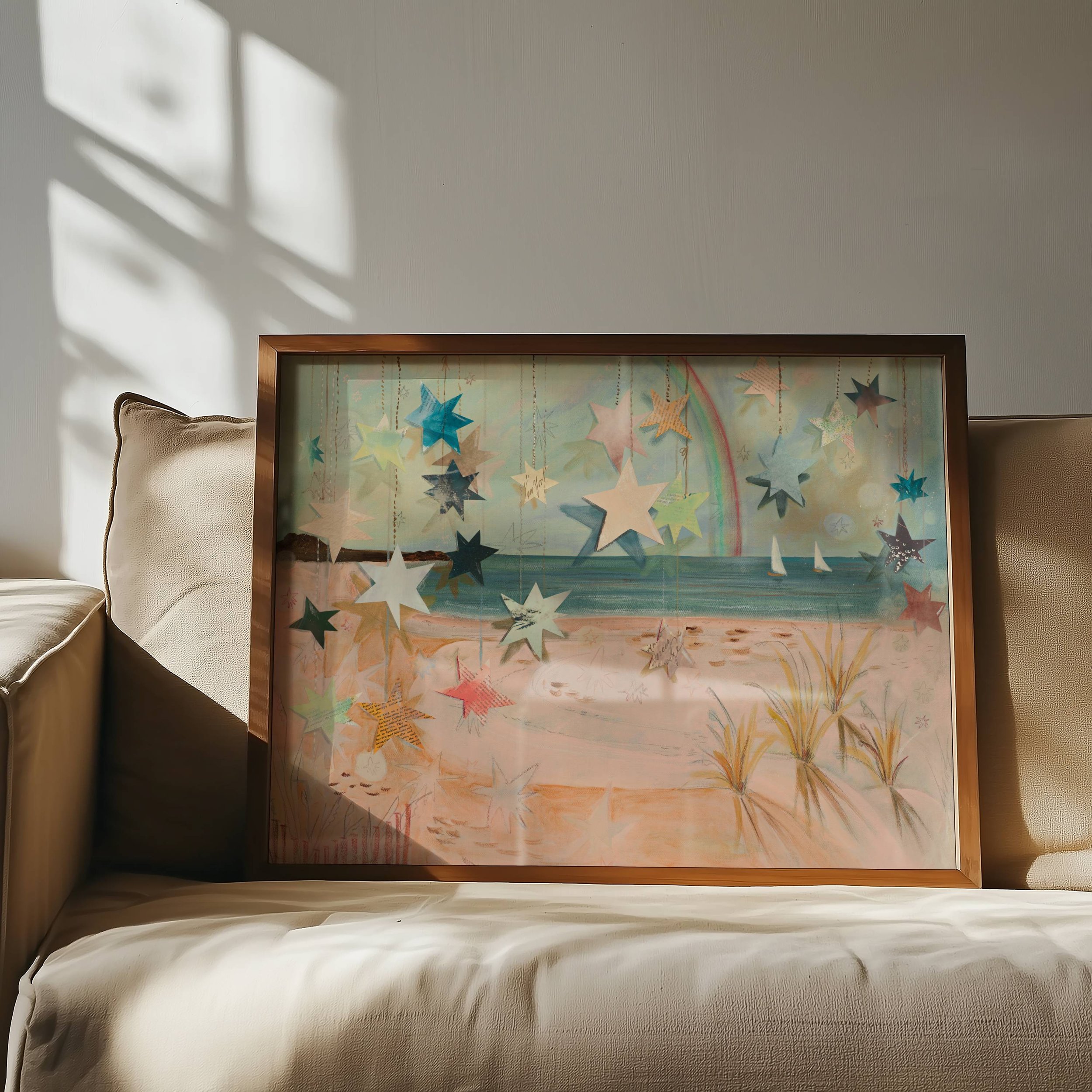 Pink Coastal Grandma Artwork, muted coastal wall art blues, whimsical romance, coastal maine wall art, southern coastal granddaughter art